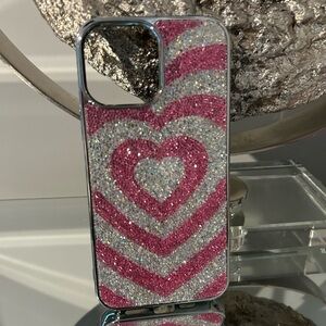 iPhone 12/13 pro max Glitter Heart Phone Case - Pink and Silver